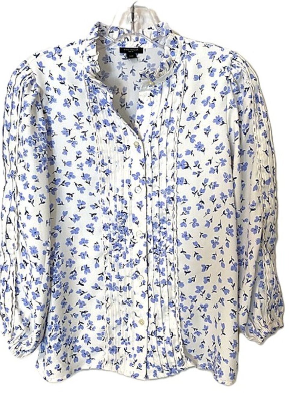 Ann Taylor Floral Ruffle-Neck Blouse Long Sleeve Women's Blue Petite XXS